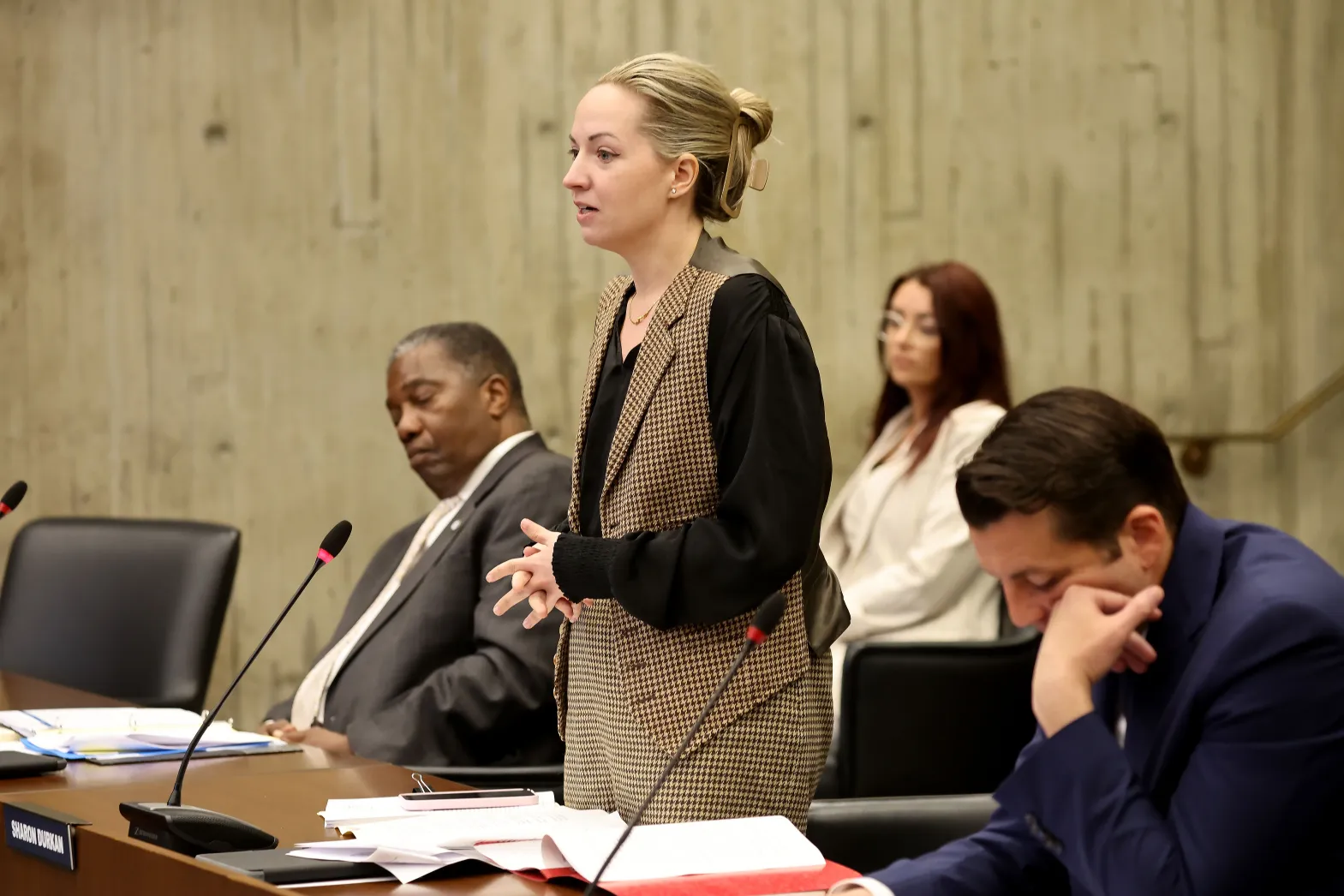 Sharon Durkan speaks as the City Council debates the budget. (Stuart Cahill/Boston Herald)