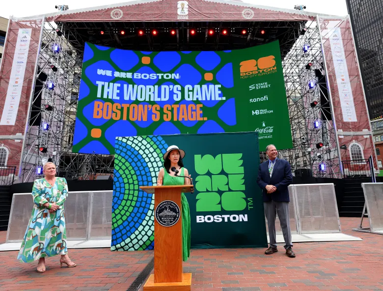 Boston Mayor Michelle Wu speaks during a speaking ceremony formally opening the FIFA World Cup Soccer fan zone, Thursday, at City Hall Plaza. (Mark Stockwell/Boston Herald)